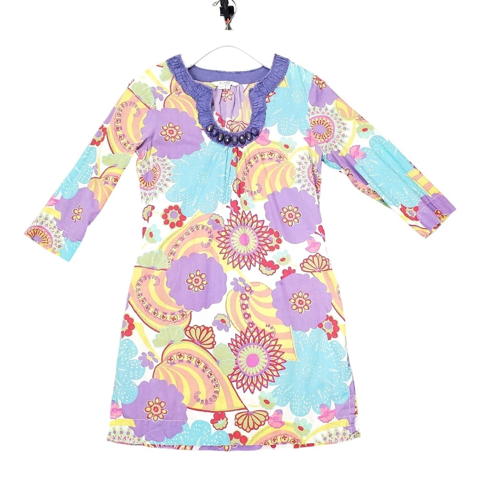 Boden Womens Mod Retro Hippie Floral Tunic Dress 4 Beaded Split Neck 3/4 Slv